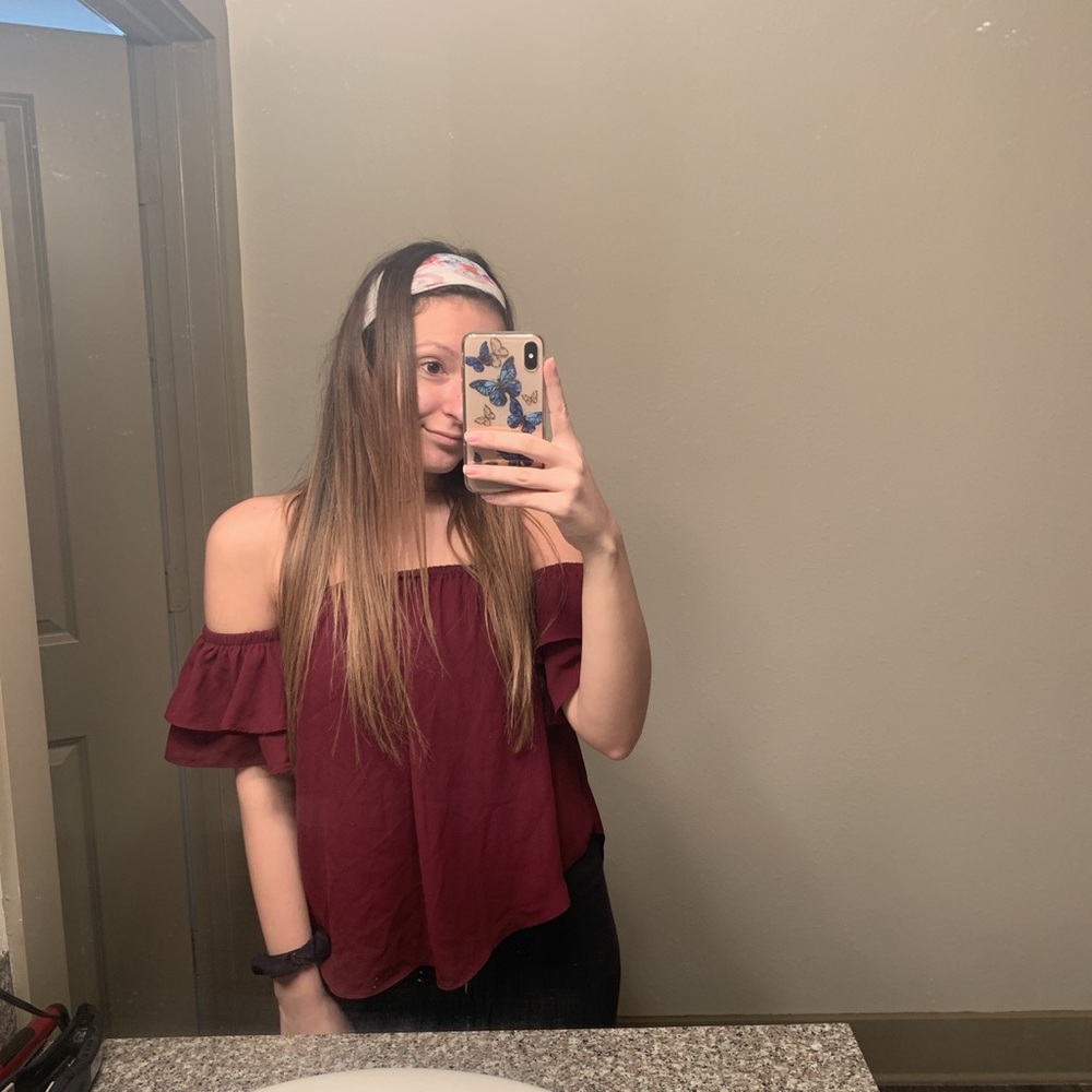 flowy maroon off the shoulder top